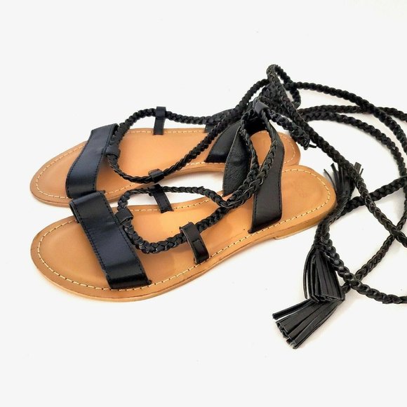 Asos Flat Black Braided Lace Up Sandals Size 6 Strappy Boho Bohemian Festival - Picture 3 of 12